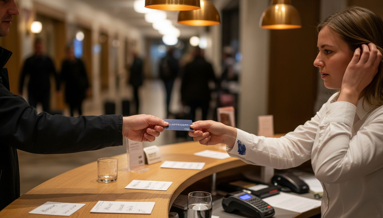 Die Rezeptionistin übergibt dem Gast die Zimmerkarte für den Zugang zum Hotel.