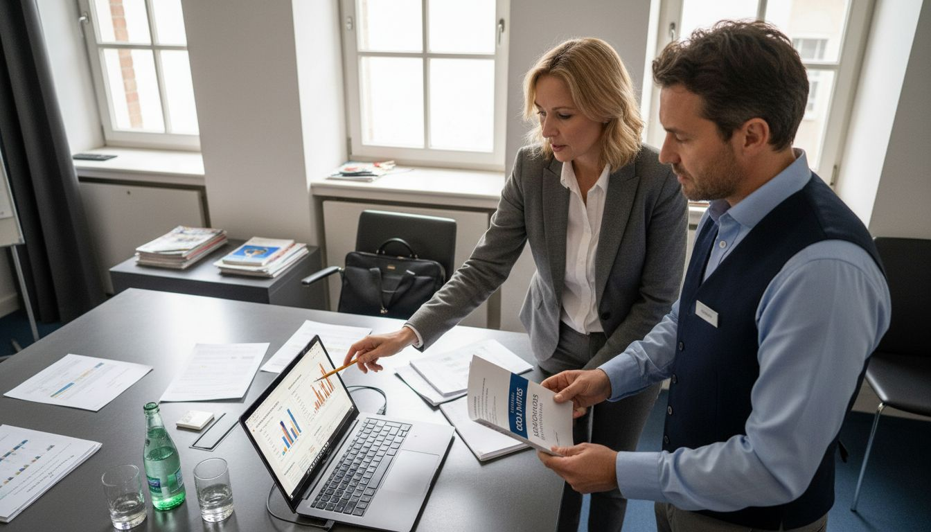 Mitarbeiter im Hotelwesen prüfen und vergleichen aktuelle Daten auf ihrem Laptop.