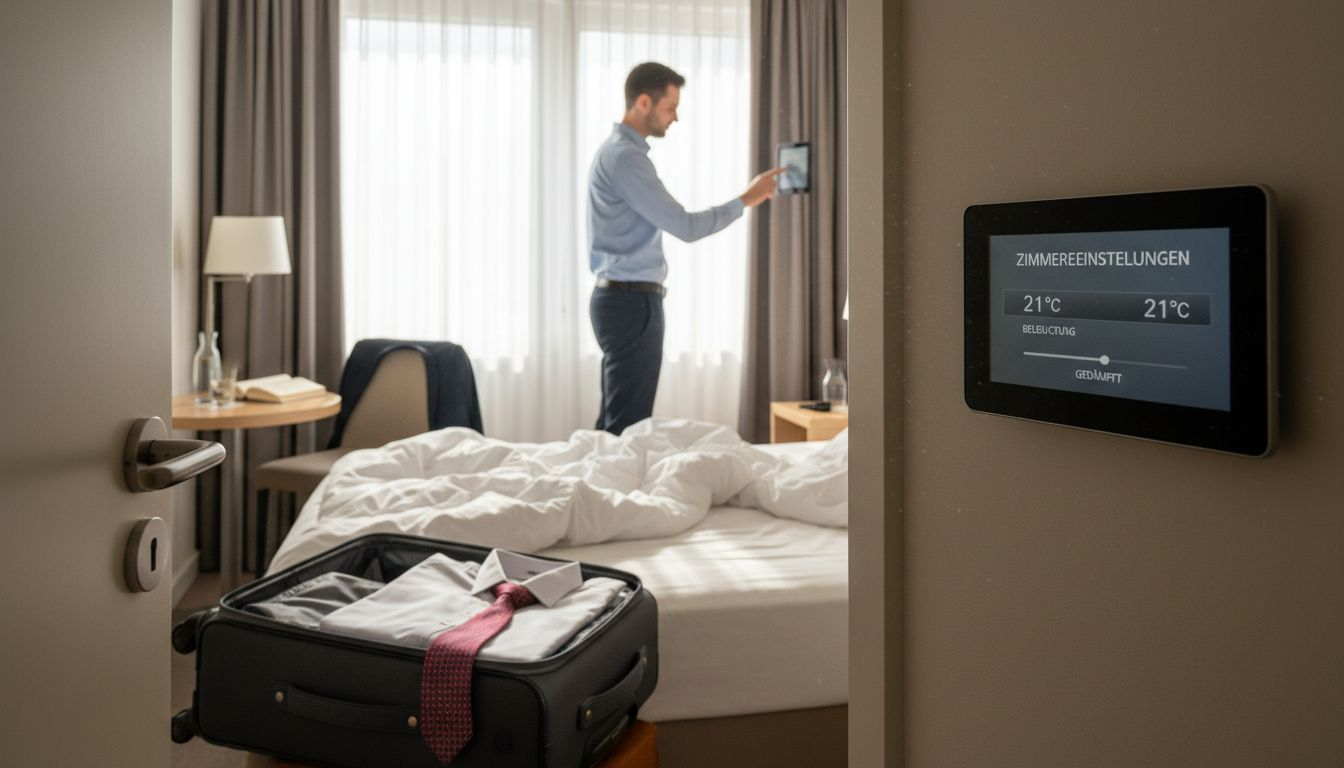 Ein Hotelgast bedient die digitalen Steuerungen im Zimmer, um beispielsweise das Licht, die Temperatur oder die Jalousien ganz bequem nach seinen Wünschen anzupassen.