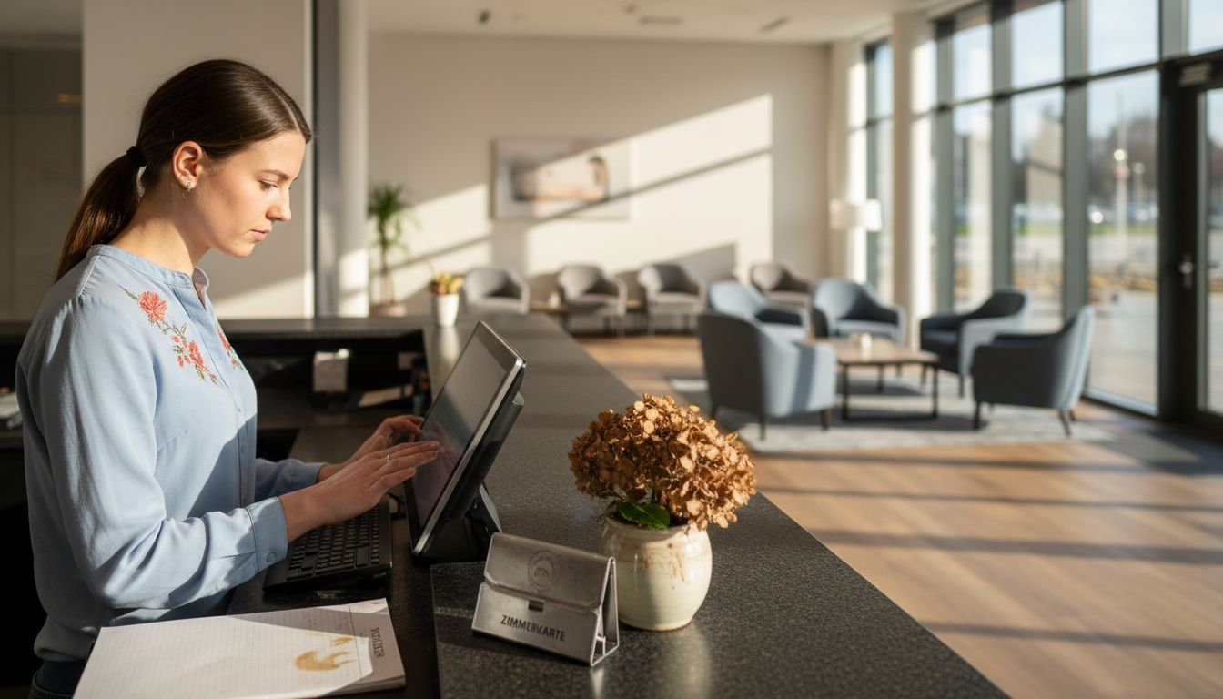 Die Rezeptionistin setzt auf digitales Einchecken für Hotelgäste.