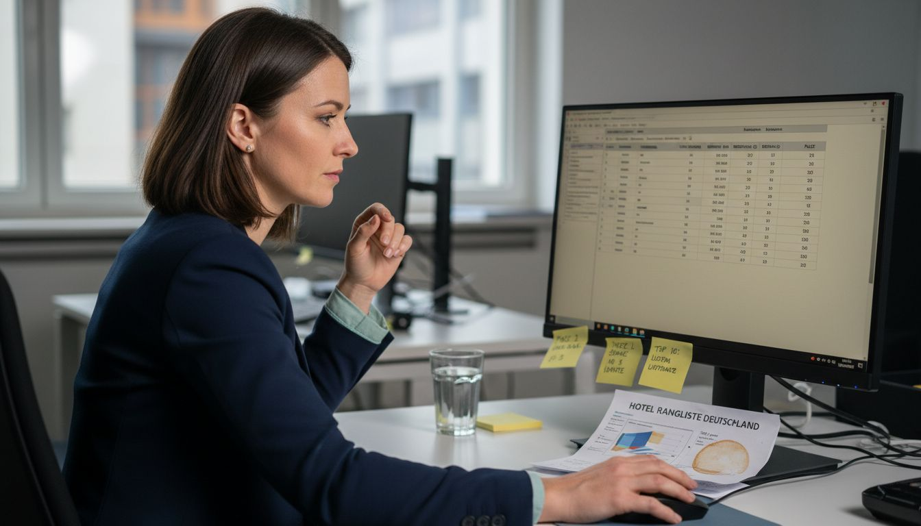 Eine Frau prüft im Büro die aktuellen Hotelbewertungen und analysiert deren Platzierungen.