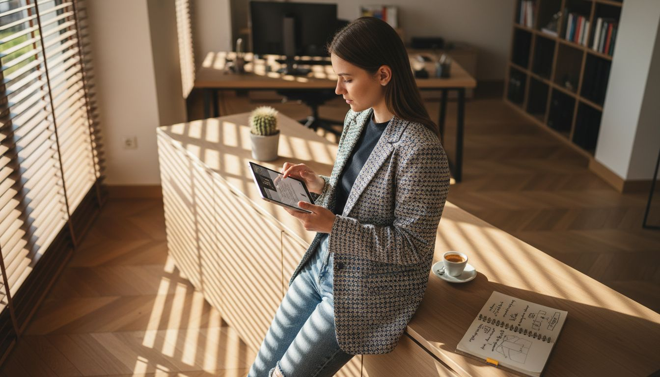 Eine Marketingexpertin begutachtet die Hotel-Website auf ihrem Tablet.