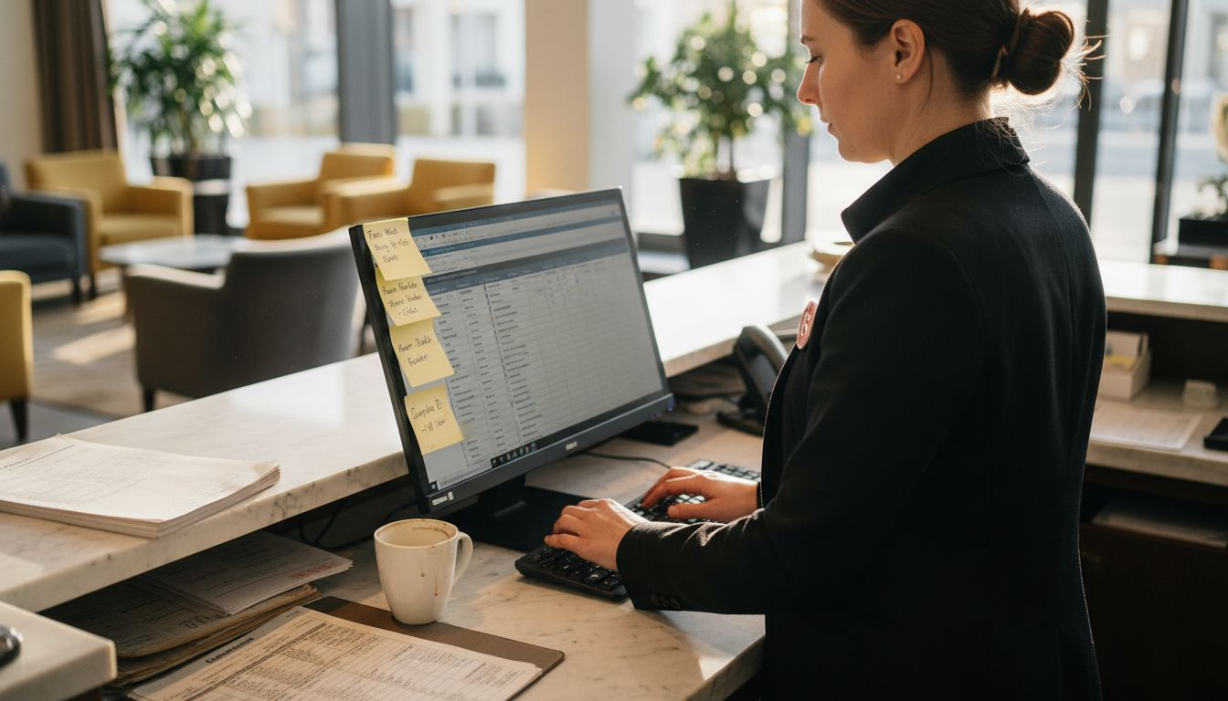 Eine Mitarbeiterin am Empfang bedient die Hotelsoftware an der Rezeption.
