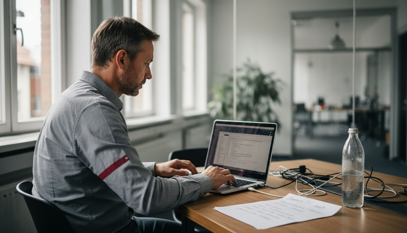 Ein IT-Experte prüft die Hotelsoftware im Konferenzraum auf Herz und Nieren.