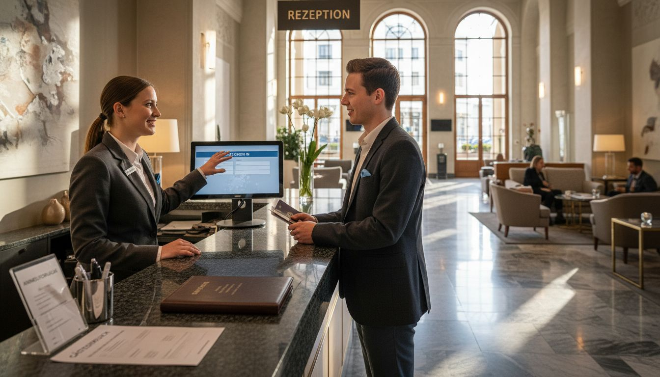 An der Hotelrezeption setzt das Empfangspersonal moderne Technik ein, um den Gästen einen reibungslosen Service zu bieten.