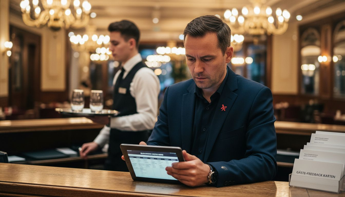 Der Hoteldirektor prüft die aktuellen Reservierungen auf seinem Tablet.