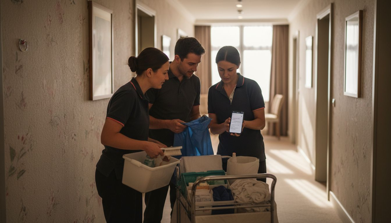 Das Housekeeping-Team stimmt sich im Flur über die App ab.