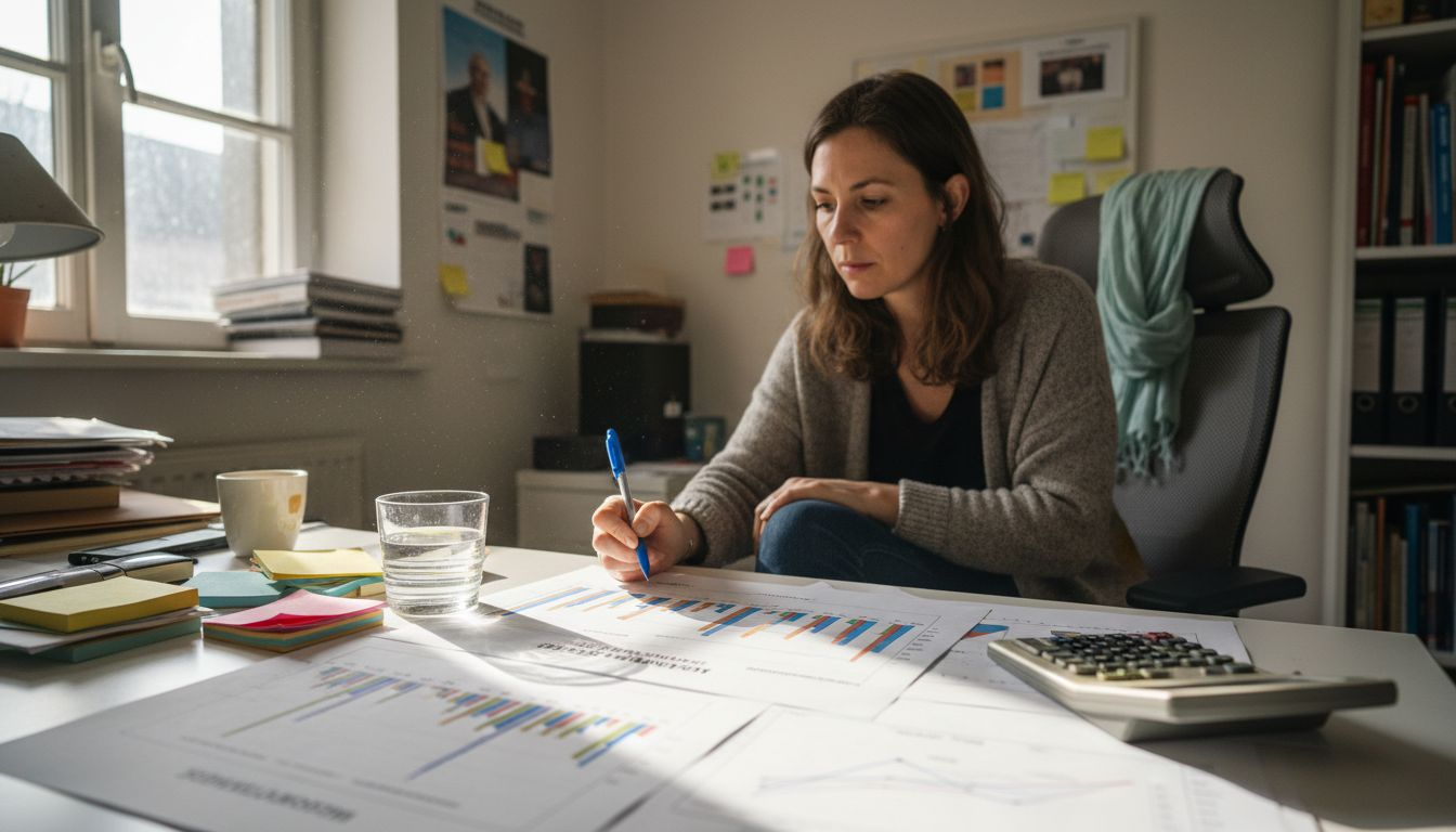 Eine Beraterin überprüft und markiert Auswertungen an ihrem Schreibtisch.