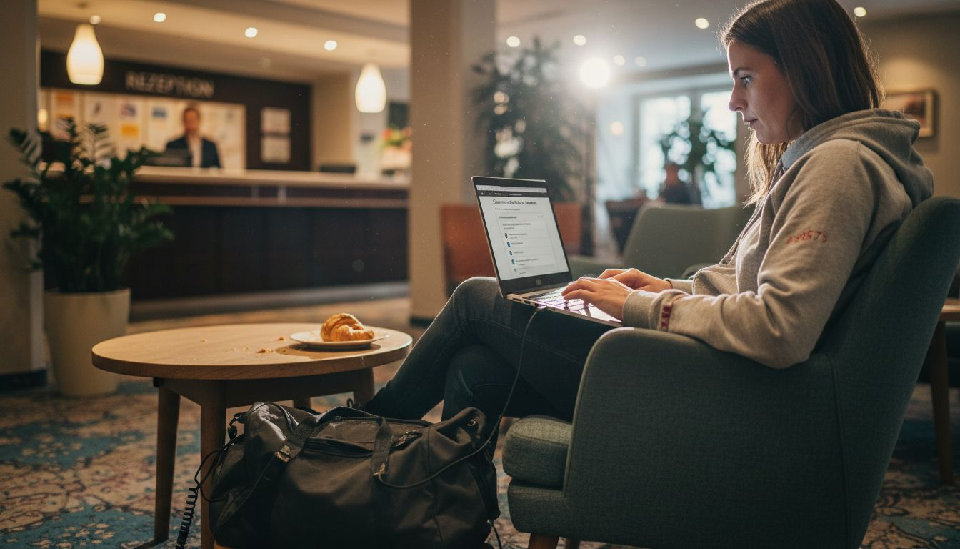 Ein Hotelgast surft mit seinem Laptop über das öffentliche WLAN des Hotels.