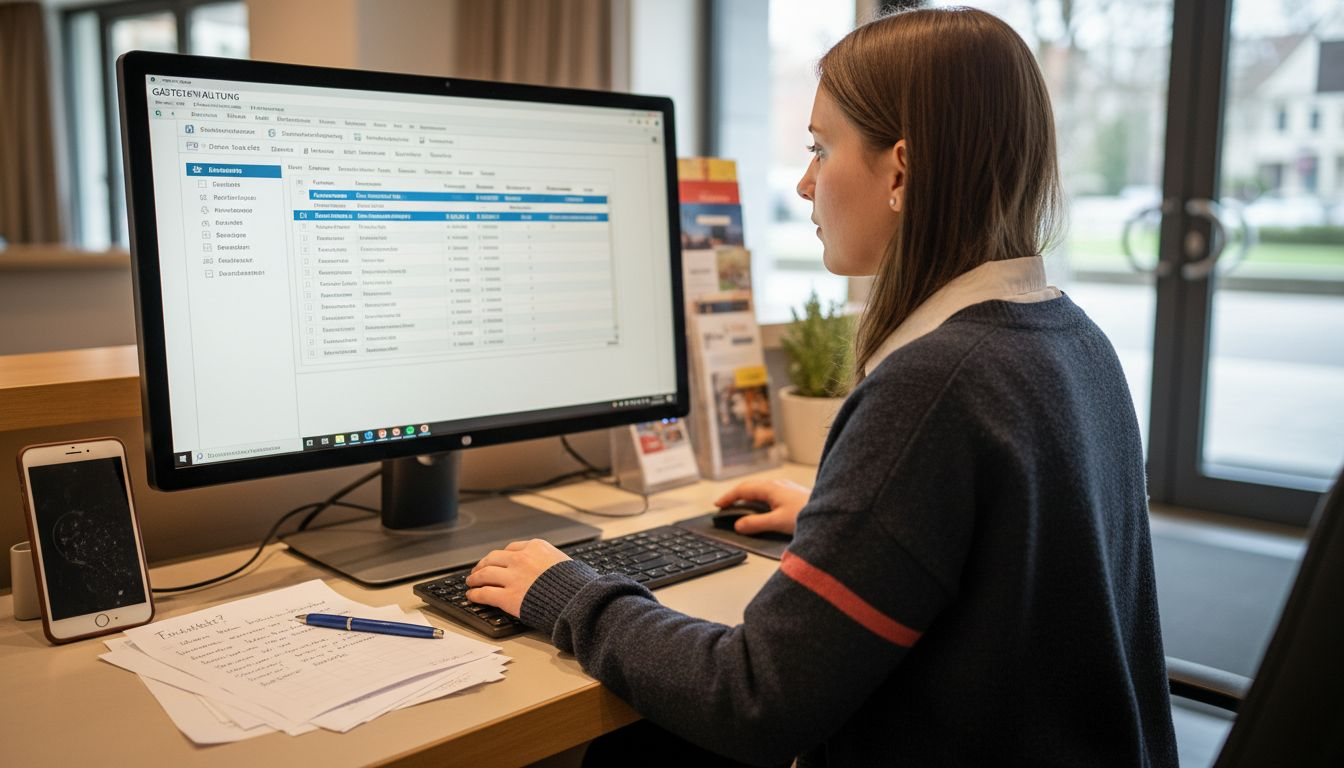 Eine Mitarbeiterin im Hotel organisiert die Gästebetreuung bequem über eine cloudbasierte Verwaltungssoftware.