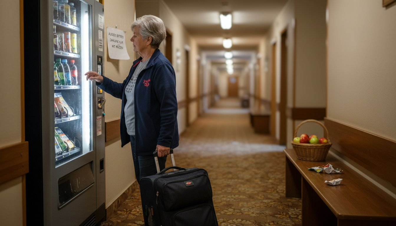 Ein Hotelgast bedient den Snackautomaten in der Lobby.