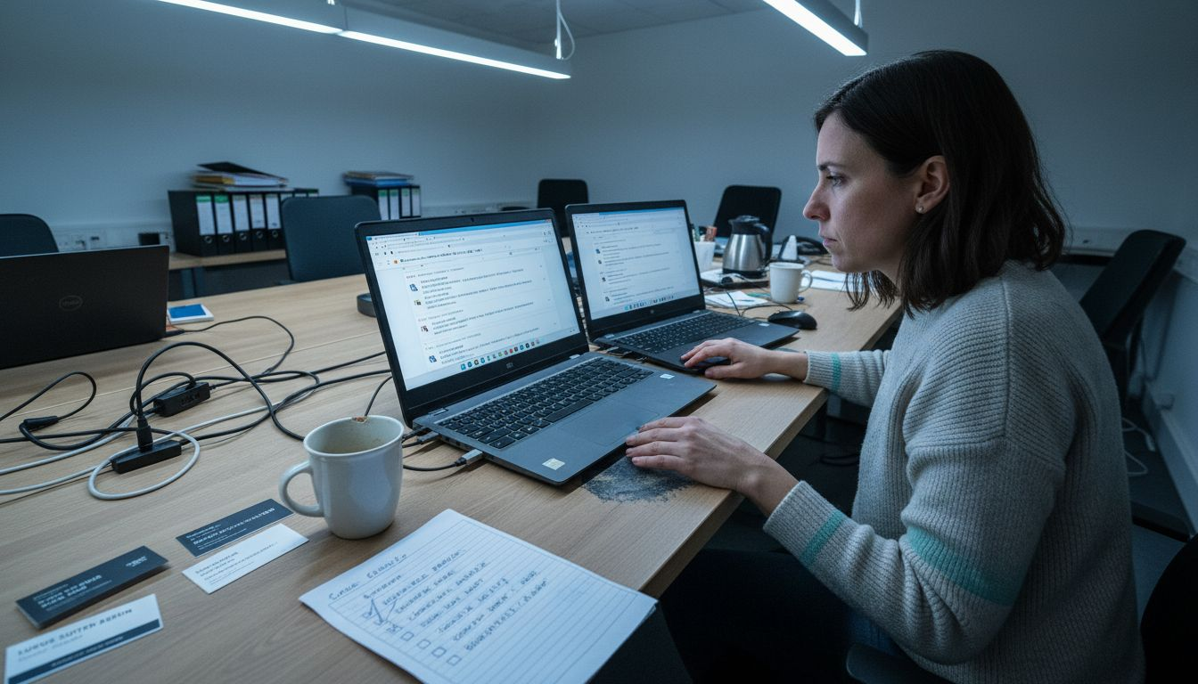 Mitarbeiterin prüft am Laptop, wie das Hotel online dargestellt wird.