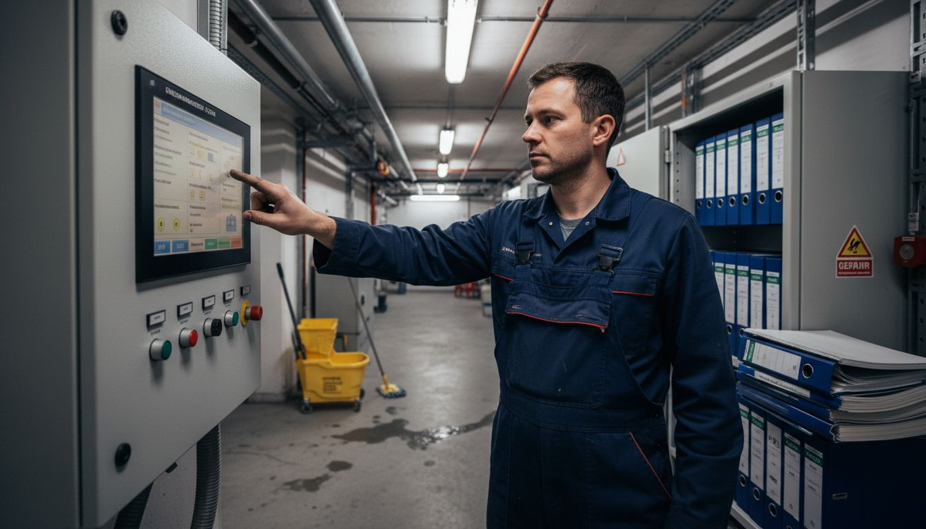 Ein Servicetechniker steuert das Energiemanagement-System im Hotel.