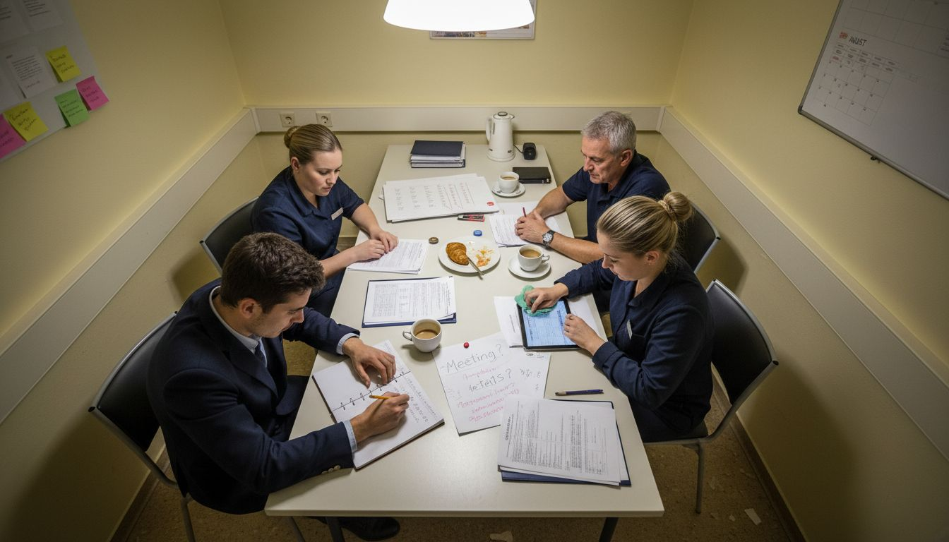 Das Hotelteam bespricht sich in der wöchentlichen Runde zur Optimierung der Abläufe.