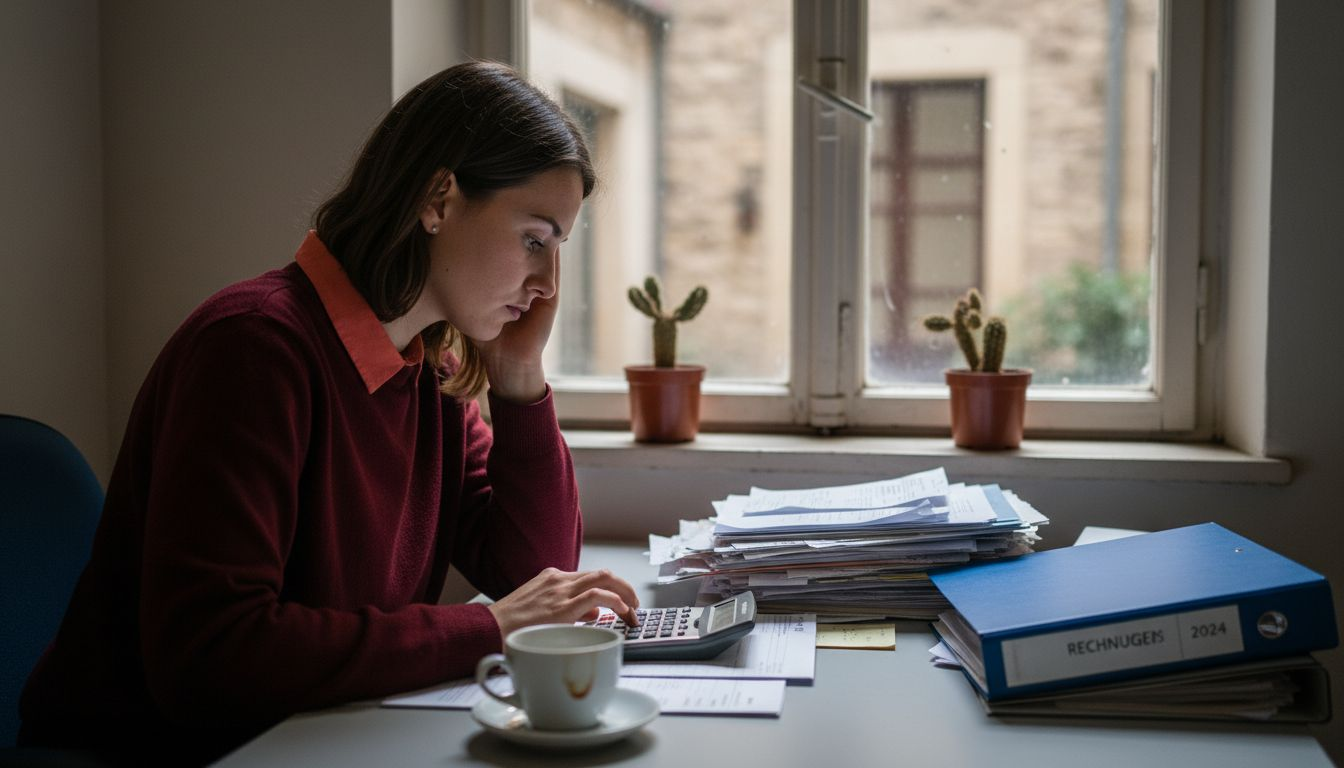 Eine Hotelbuchhalterin prüft am Schreibtisch die laufenden Kosten und setzt sich intensiv mit den Finanzen des Hauses auseinander.