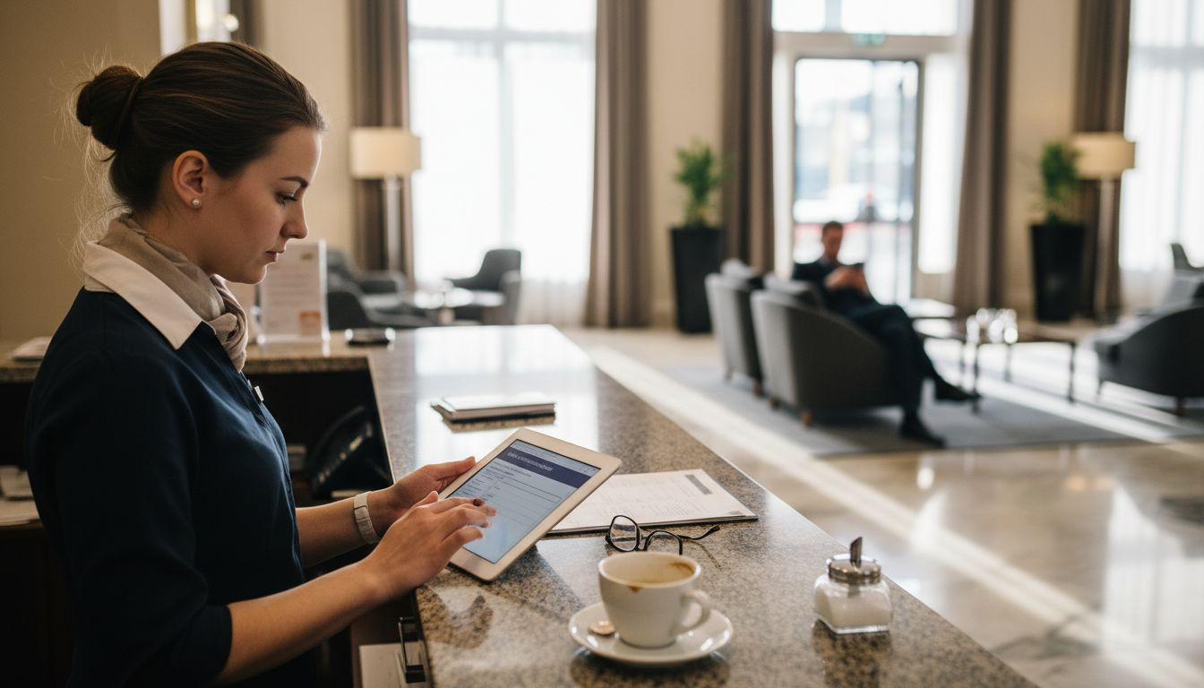 Eine Mitarbeiterin an der Rezeption prüft aufmerksam die Informationen auf dem Tablet.