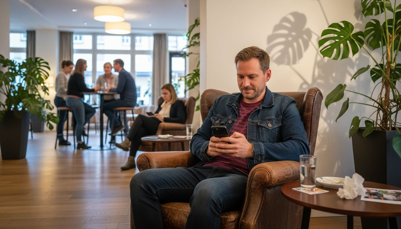 Ein Hotelgast unterhält sich in der Lobby mit einem KI-basierten Chatbot.