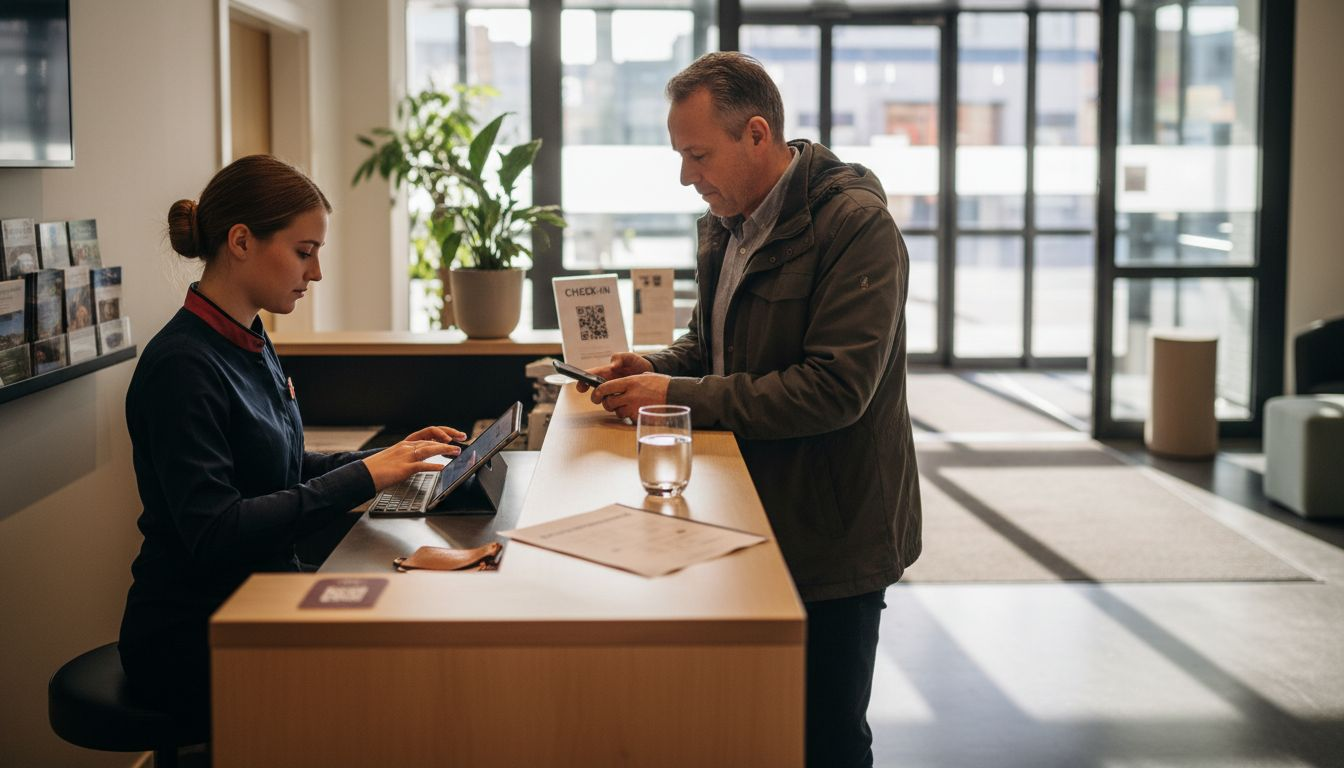 Begrüßungssituation: Ein Mitarbeiter empfängt den Gast mit einem Tablet in der Hand.