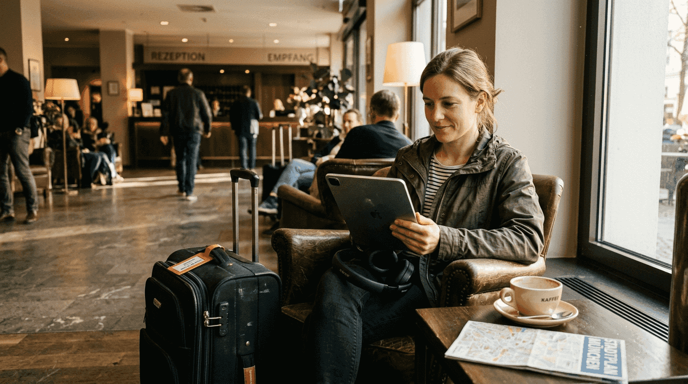 Ein Hotelgast checkt bequem per Tablet ein.