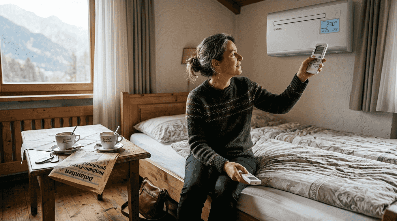 Frau bedient digitale Zimmersteuerung am Bett