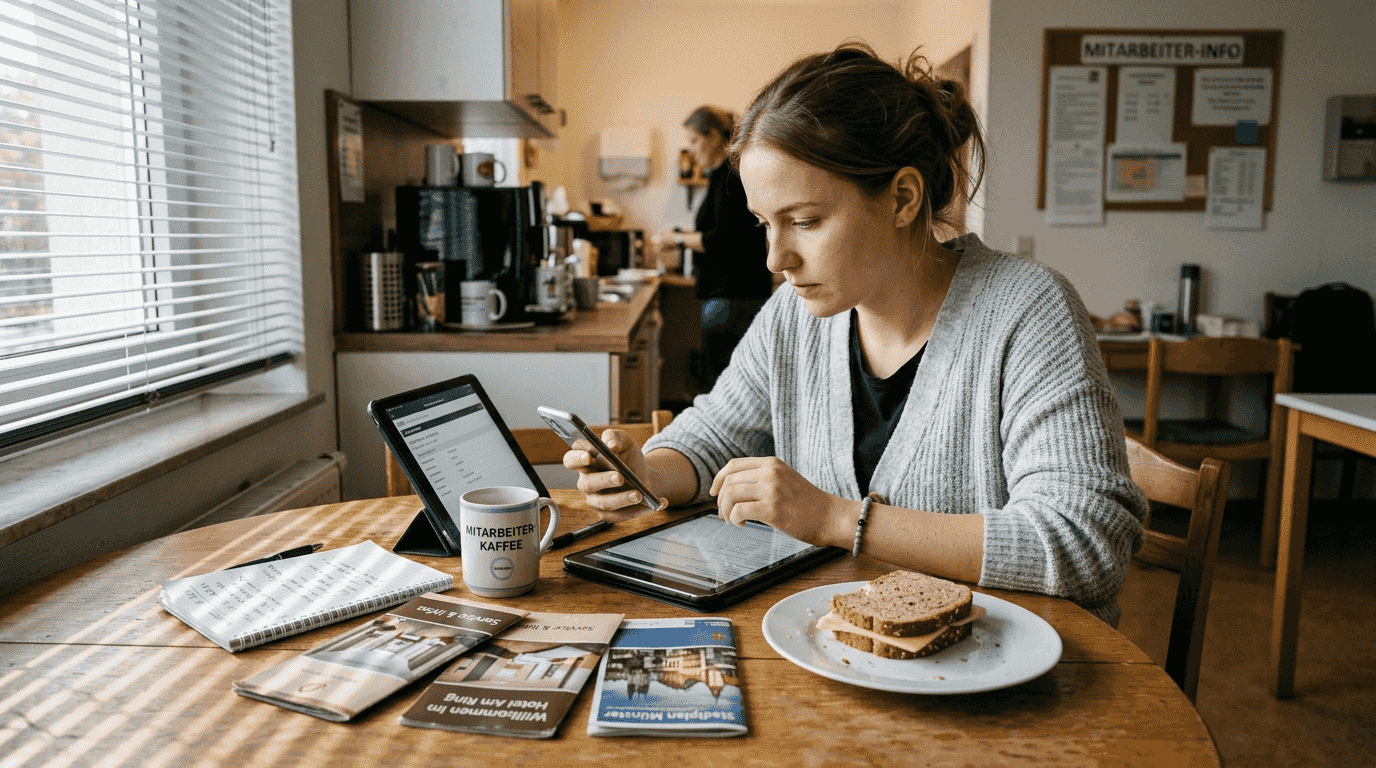 Mitarbeiter überprüfen Hotelinformationen direkt über ihre mobilen Endgeräte.
