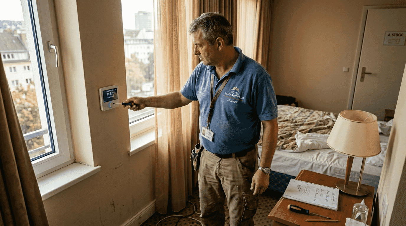 Der Haustechniker stellt das smarte Thermostat im Hotelzimmer neu ein.