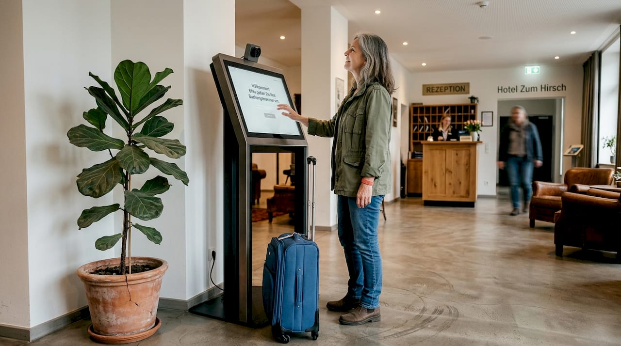 Ein Hotelgast checkt eigenständig am Self-Service-Terminal in der Hotellobby ein.