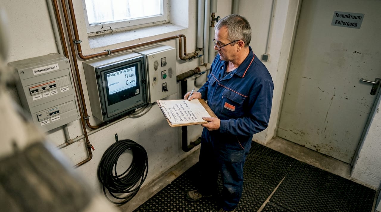 Ein Hotelmitarbeiter überprüft die Anlagen zur Nutzung erneuerbarer Energien.