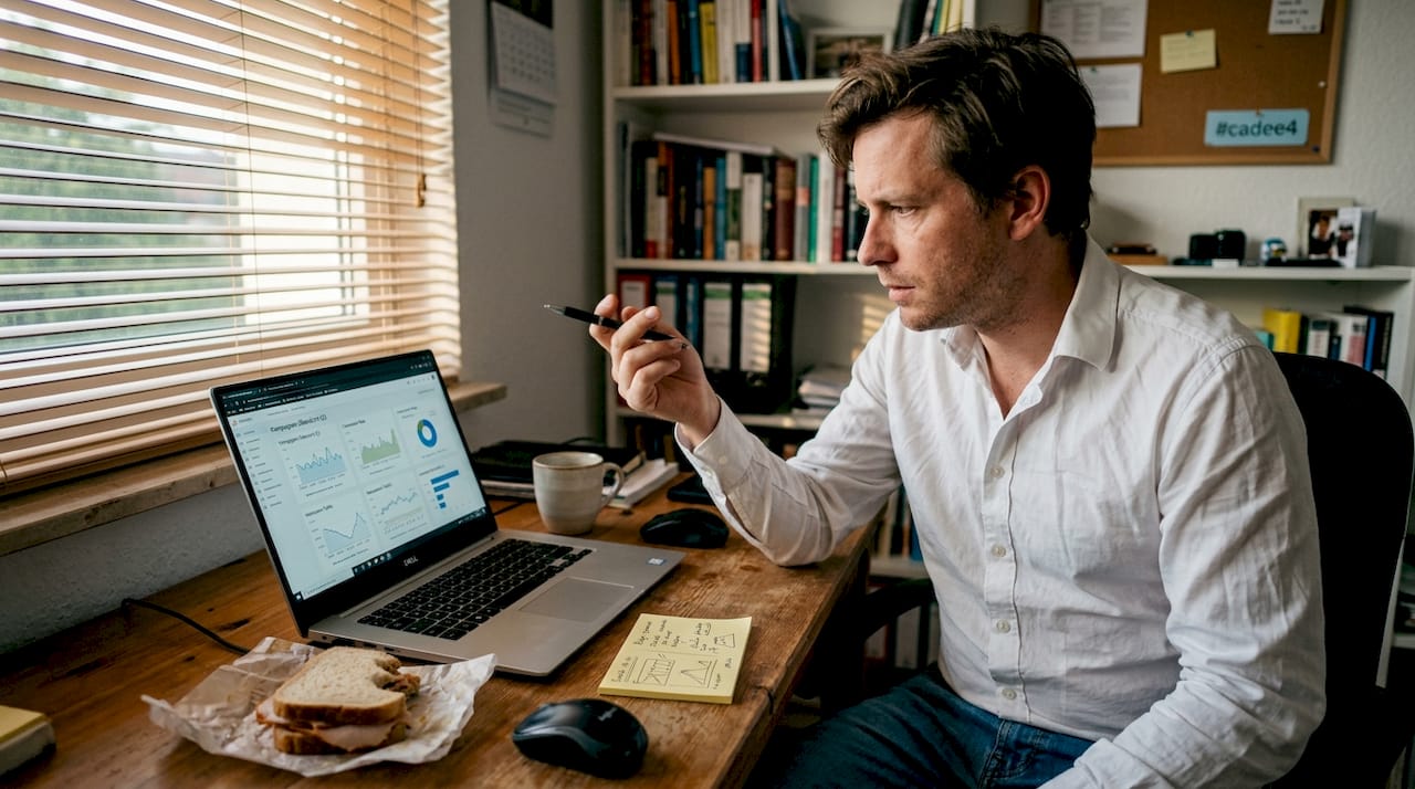 Ein Marketingmanager arbeitet am Schreibtisch und setzt dabei moderne KI-Tools ein, um seine Aufgaben effizienter zu erledigen.