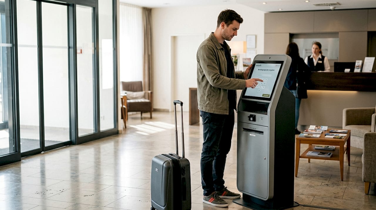 Ein Hotelgast checkt eigenständig am Self-Check-in-Terminal in der Hotellobby ein.