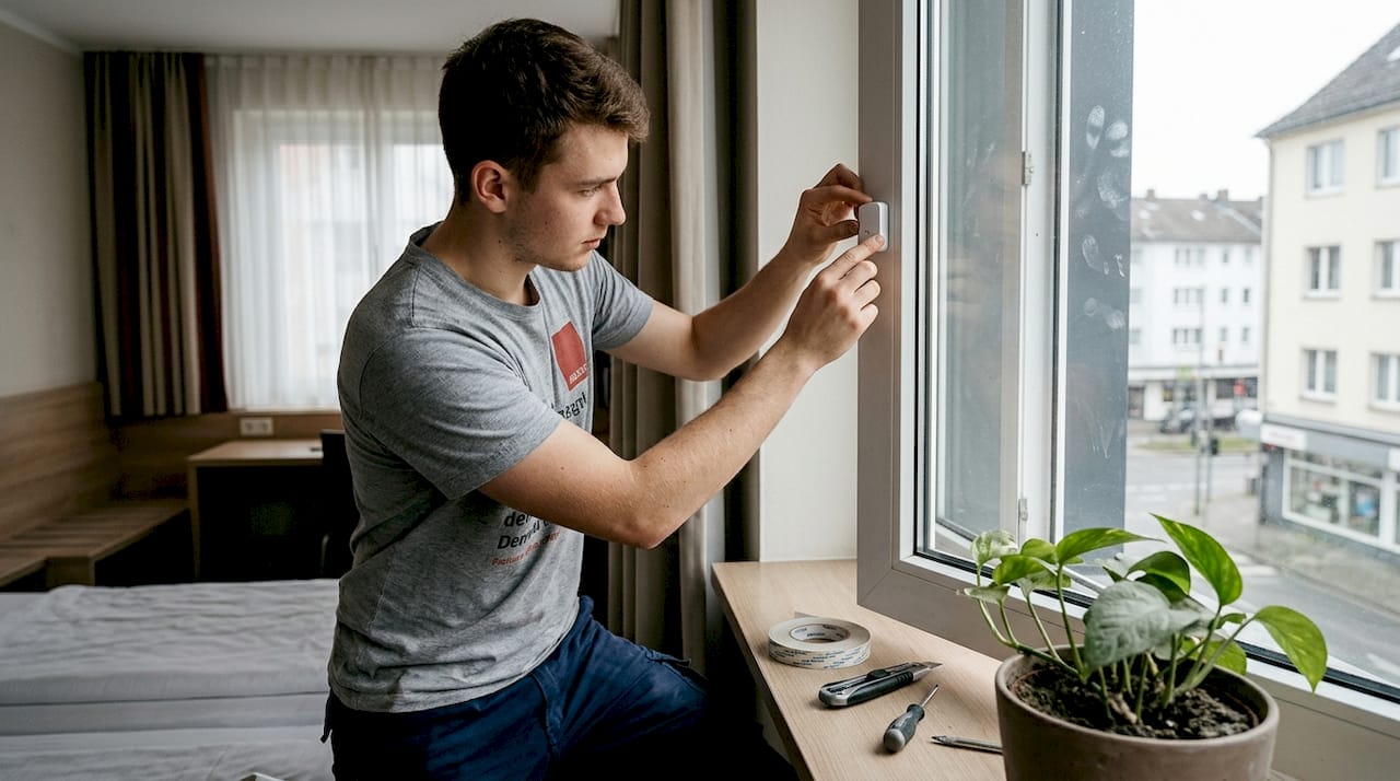 Ein Servicetechniker bringt einen Sensor am Fenster eines Hotelzimmers an.