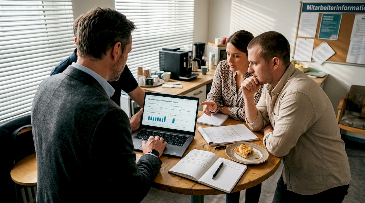 Das Hotelteam wirft gemeinsam einen Blick auf die aktuellen Auswertungen aus dem CRM-System und bespricht, wie sie die Gästezufriedenheit weiter steigern können.