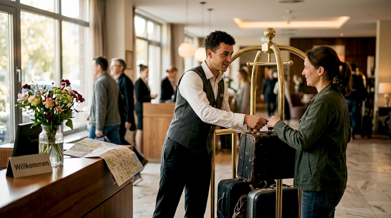 Ein Hotelmitarbeiter kümmert sich aufmerksam um einen Gast.