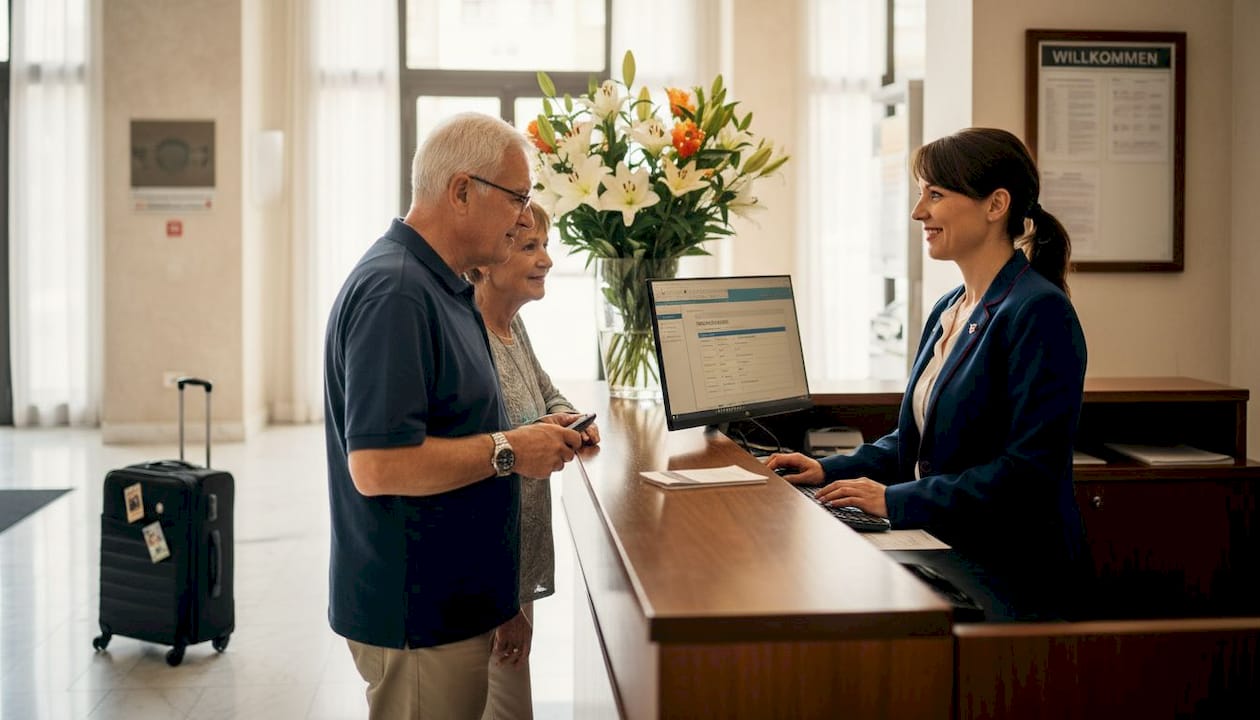 Die Rezeptionistin begrüßt die ankommenden Gäste freundlich am Empfang.