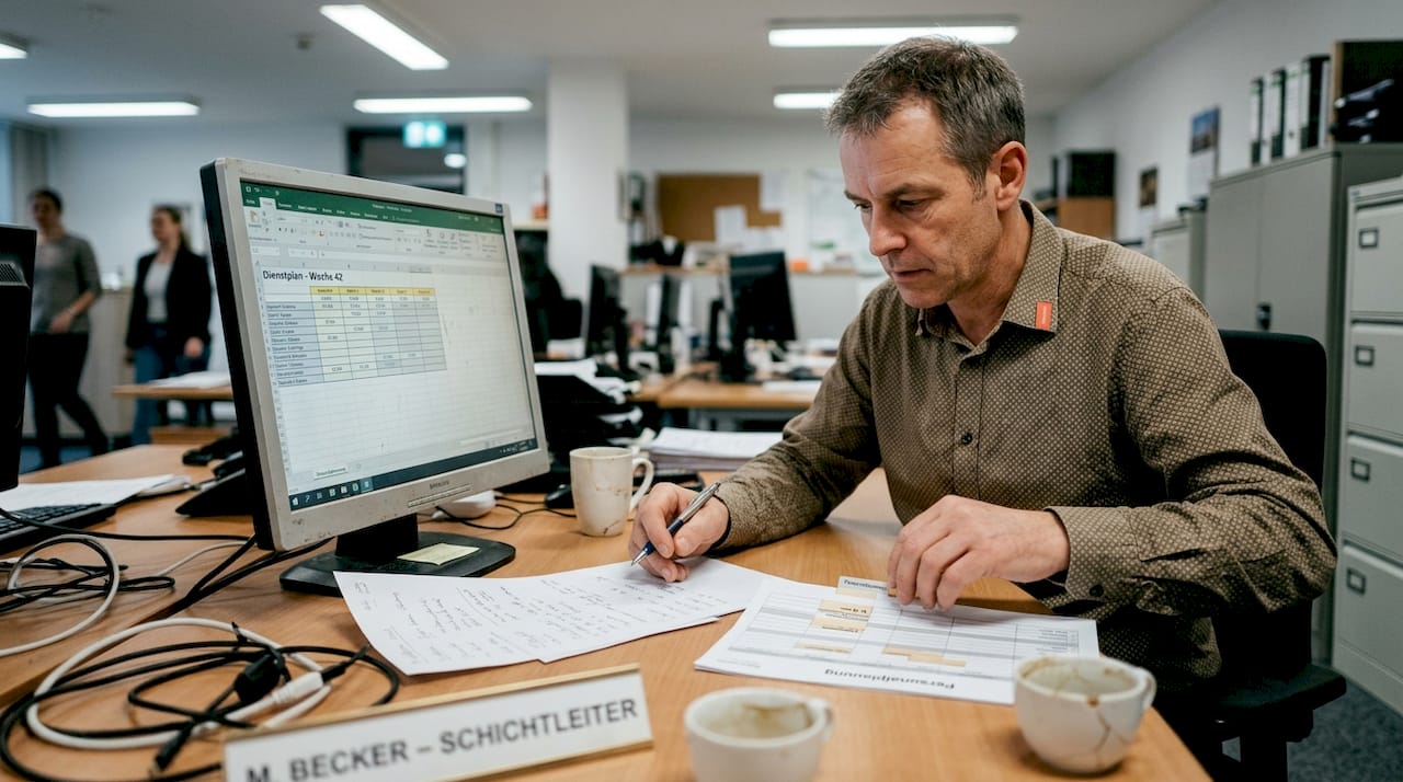 Der Vorgesetzte prüft die Einsatzpläne der Hotelmitarbeiter und stellt sicher, dass alle Schichten optimal besetzt sind.