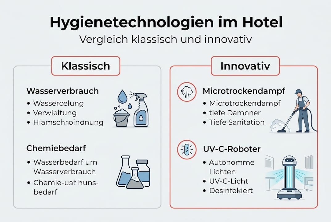 Eine anschauliche Grafik stellt traditionelle und moderne Hygienekonzepte gegenüber.