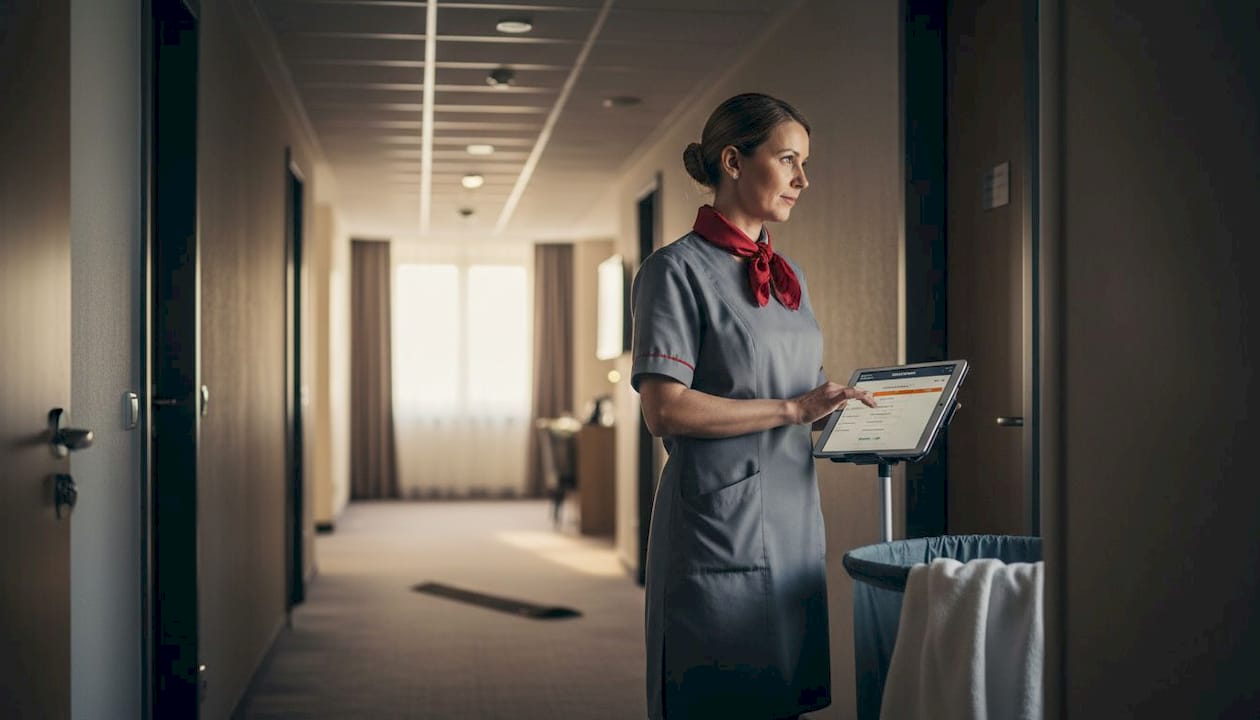 Die Reinigungskraft organisiert ihre Aufgaben digital über ein Tablet.