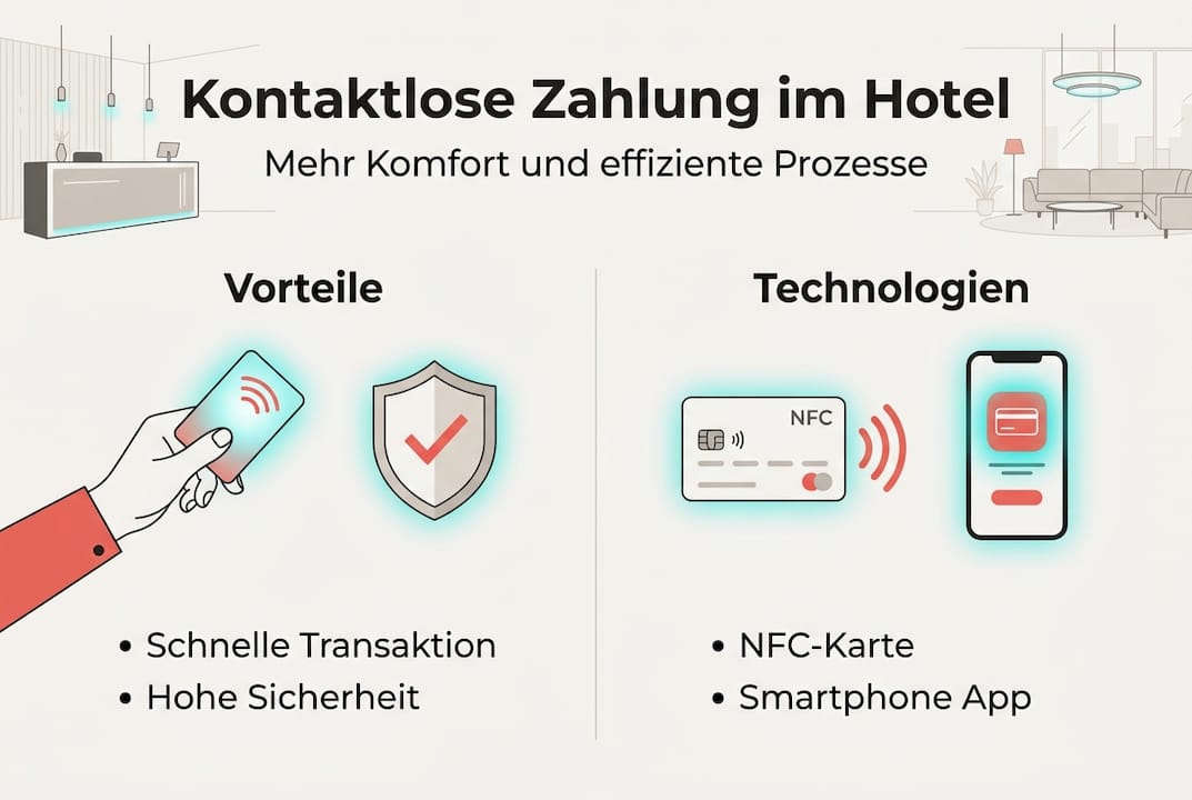 Die Infografik veranschaulicht anschaulich die wichtigsten Vorteile und Technologien des kontaktlosen Bezahlens.