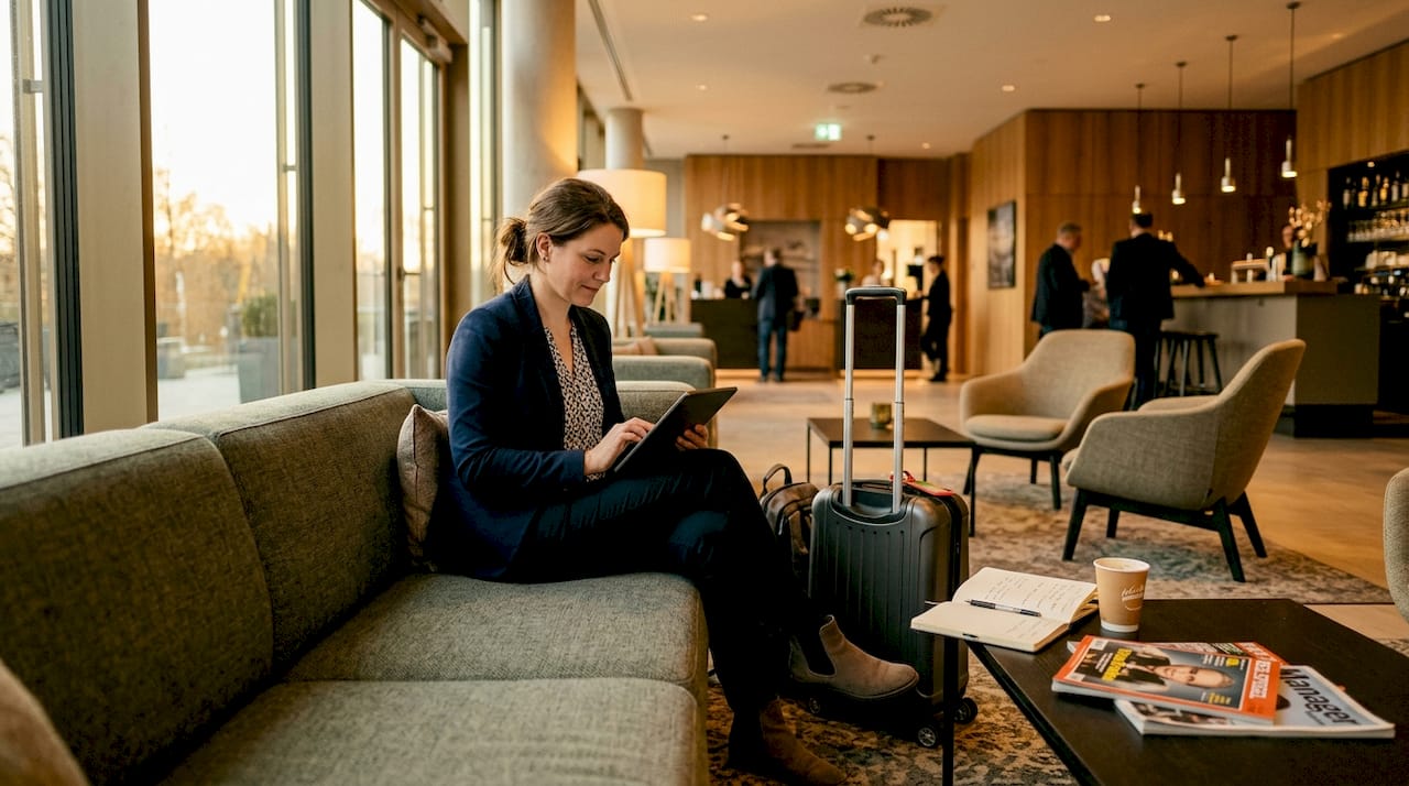 Ein Reisender meldet sich am Tablet im Hotel an.