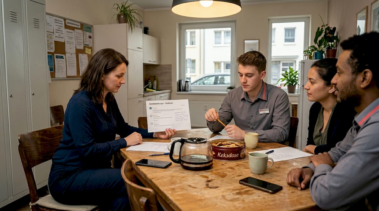 Das Hotelteam tauscht sich locker über die Rückmeldungen der Gäste aus.