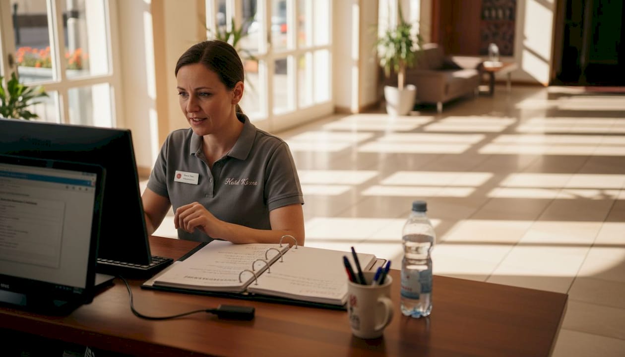 An der Rezeption kümmert sich ein Hotelmitarbeiter um die Gäste und arbeitet dabei am Computer.