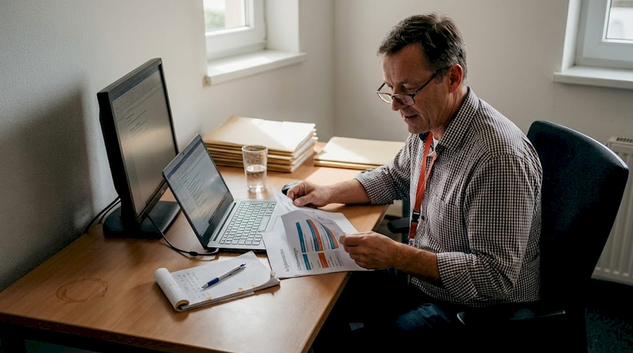 Der Hoteldirektor prüft Unterlagen an seinem Schreibtisch im Büro.