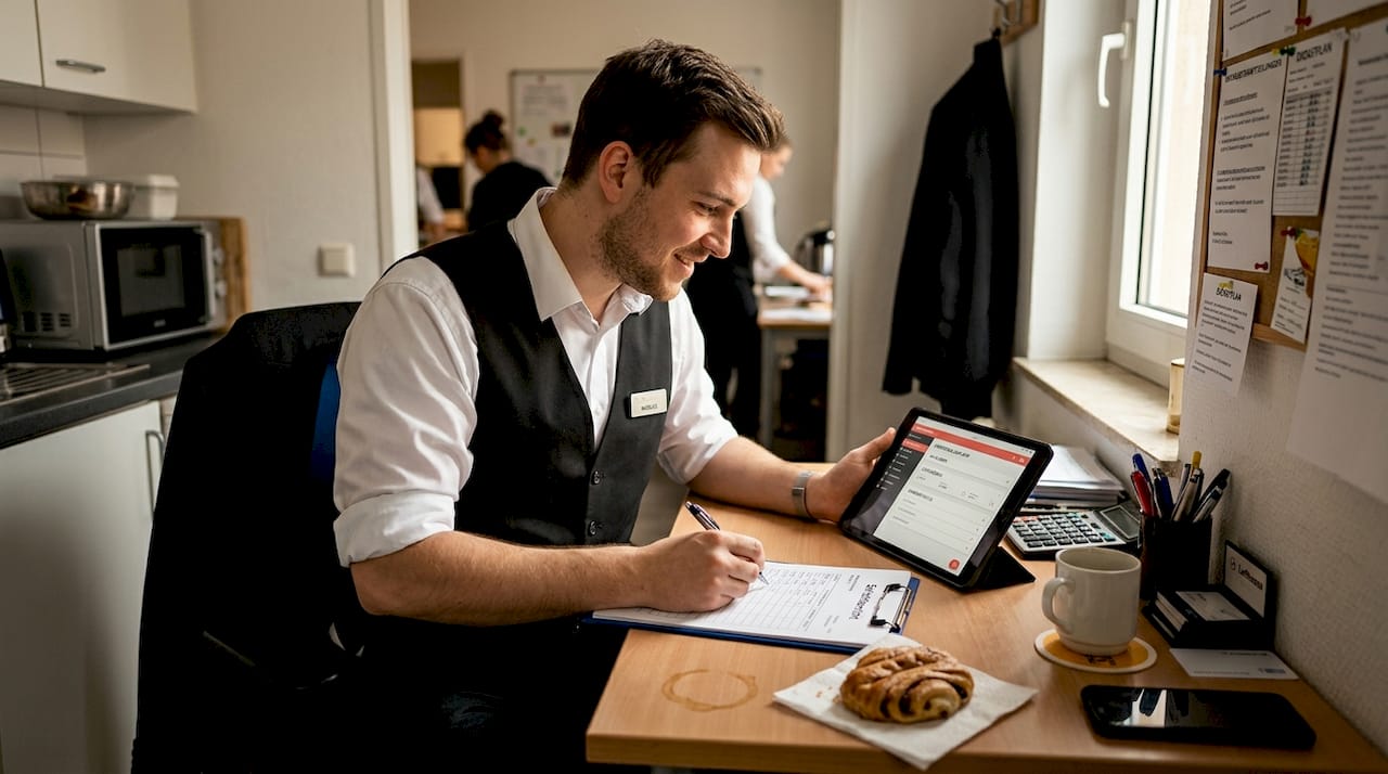 Ein Hotelmitarbeiter arbeitet mit einem digitalen Tool direkt am Tablet.