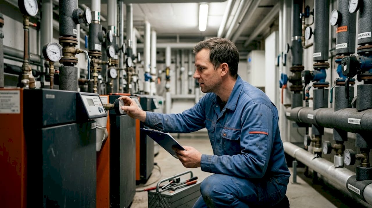 Ein Haustechniker überprüft die Energieanlagen im Hotel.