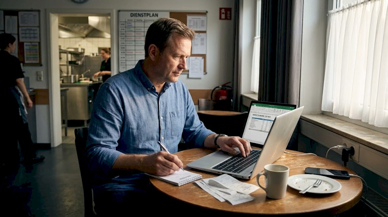 Hotelleitung bei der Budgetplanung – mit Laptop und Notizblock am Schreibtisch