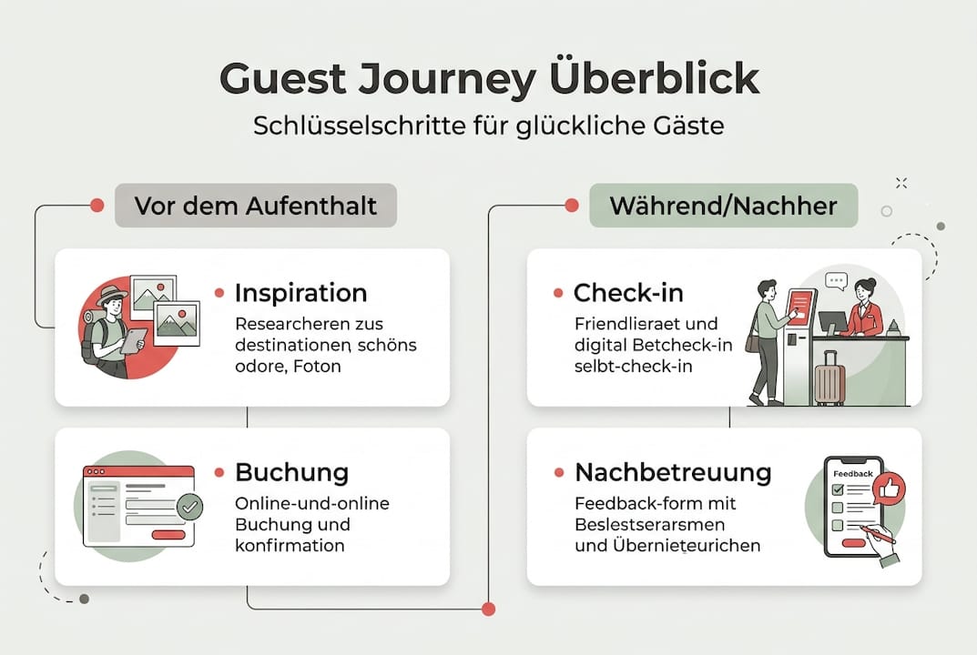 Die Infografik veranschaulicht die wichtigsten Etappen, die Gäste während ihres Aufenthalts durchlaufen.