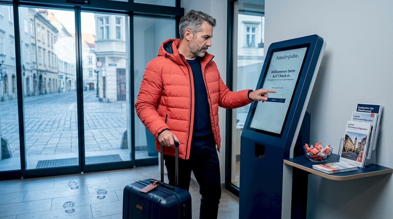 Ein Hotelgast checkt bequem am Self-Check-in-Terminal ein.
