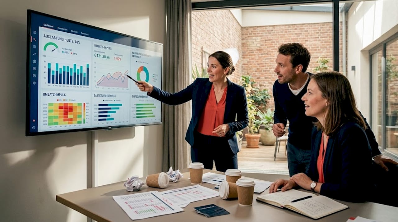Während der Besprechung wirft das Hotelteam gemeinsam einen Blick auf das aktuelle Dashboard.