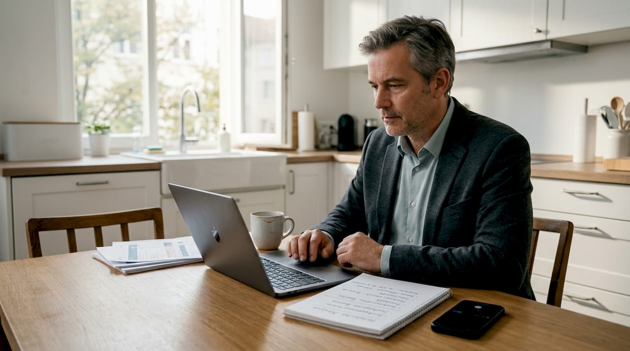 Am Küchentisch prüft man, wie gut Hotelsuche im Internet funktioniert.