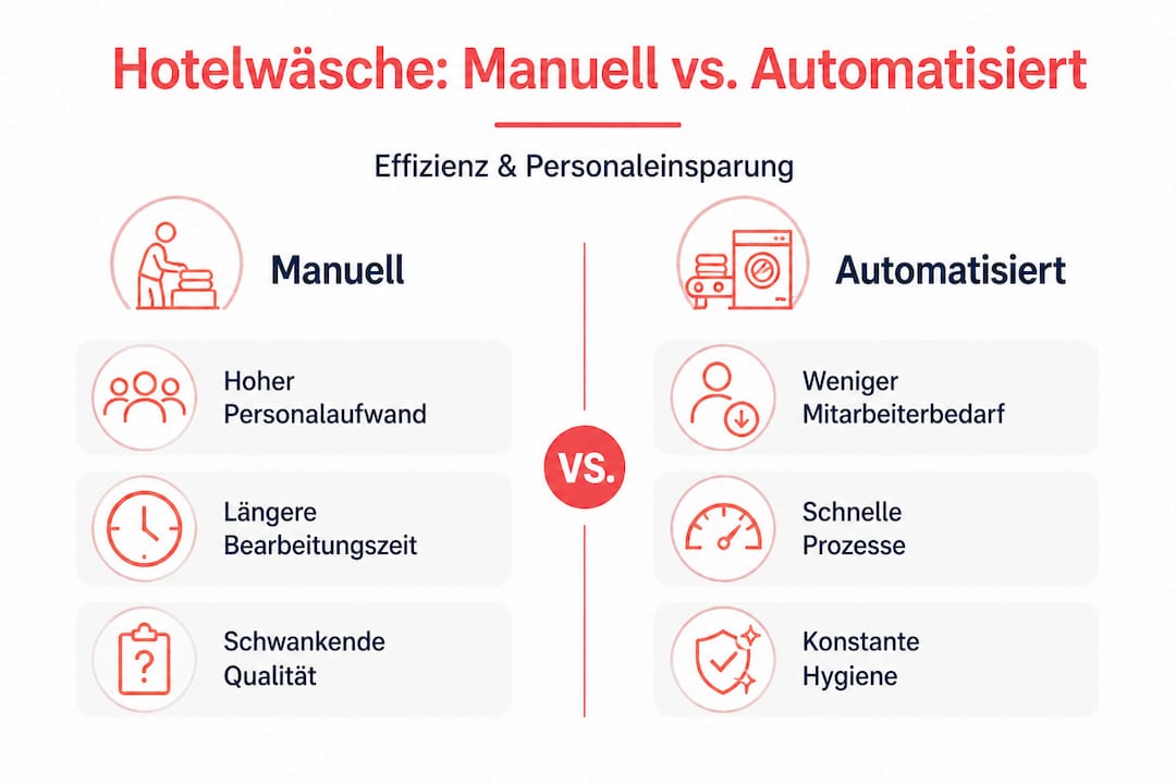 Infografik: Hotelwäsche – manuelle Bearbeitung im Vergleich zur automatisierten Verarbeitung